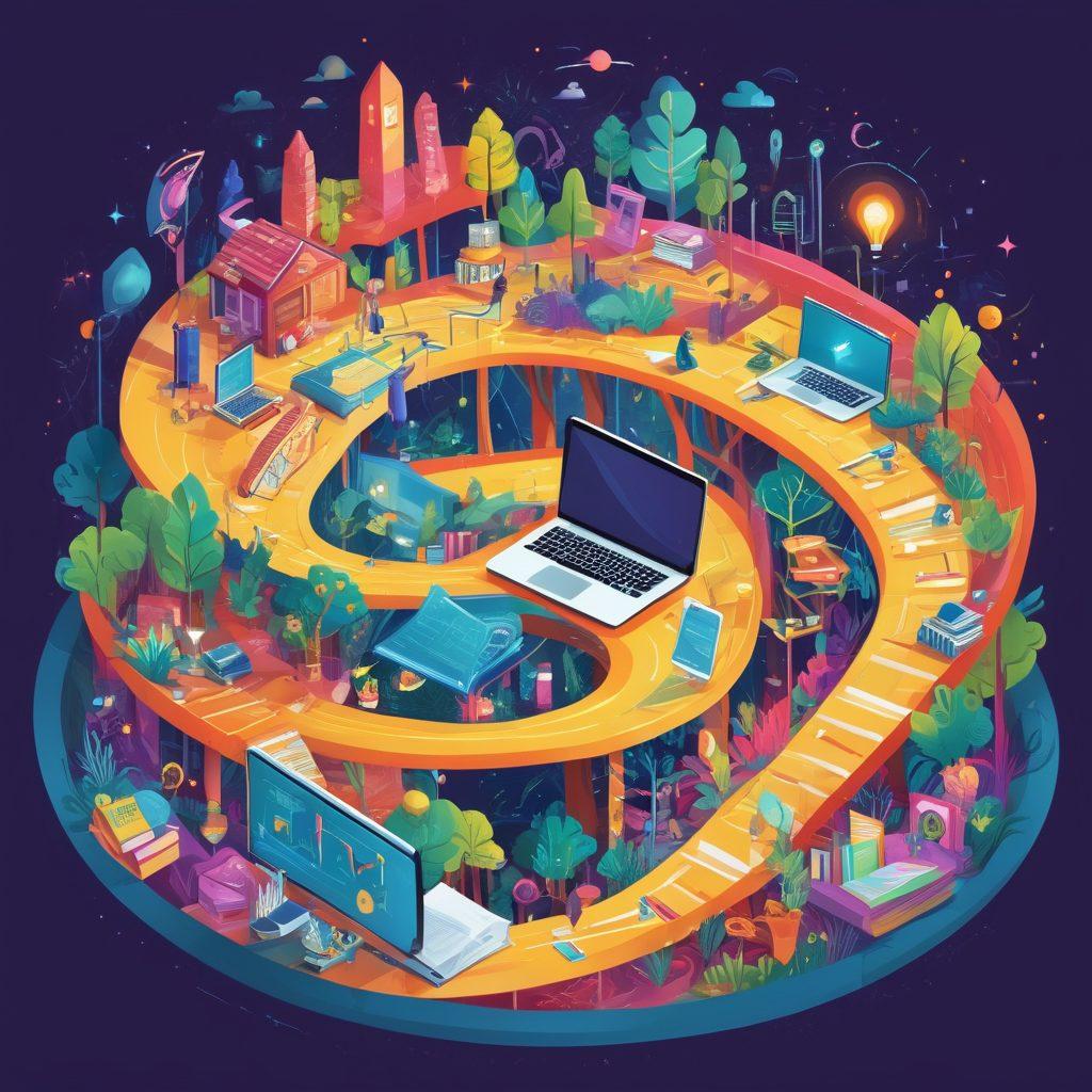A vibrant, illustrated pathway filled with various tools symbolizing skill development, such as a laptop, books, and a resume, winding through a job market landscape dotted with diverse professionals engaging in networking. An overlay of charts, graphs, and lightbulbs representing insights illuminates the scene, encouraging exploration. Lively colors and engaging characters enhance the imagery. vector art. colorful background.