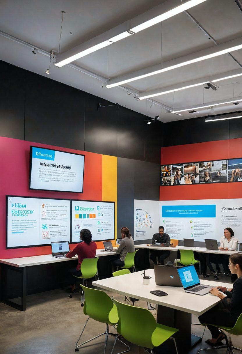 A professional, diverse group of individuals engaged in a dynamic job hunting workshop, featuring a large interactive screen displaying strategic tips and career advancement ideas. Include elements like resumes, laptops, and motivational quotes on the walls. The atmosphere should feel energetic and inspiring, conveying a sense of collaboration and empowerment. bright colors. modern design.