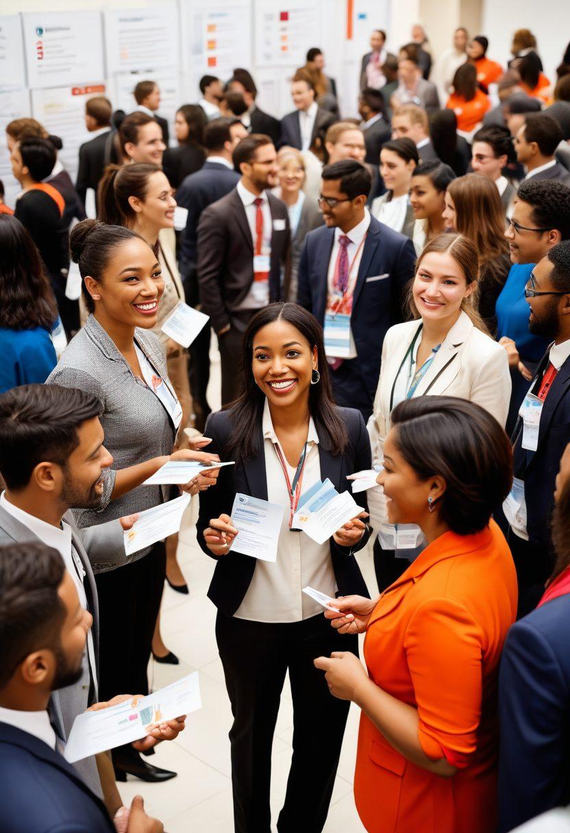 A professional scene depicting a diverse group of individuals engaged in a dynamic networking event, surrounded by resume samples and career development materials. Include colorful infographics showcasing career tips in the background, and emphasize friendly interactions with people exchanging business cards. The atmosphere should be vibrant and inspiring, symbolizing growth and opportunity in the career landscape. super-realistic. vibrant colors. white background.